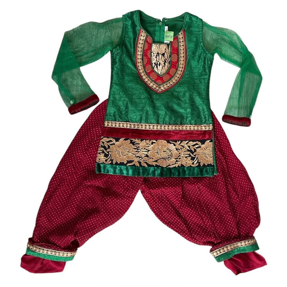 MISHA Fancy Punjabi Suit Girls Traditional Costume set Green, Gold, Red Size 2T